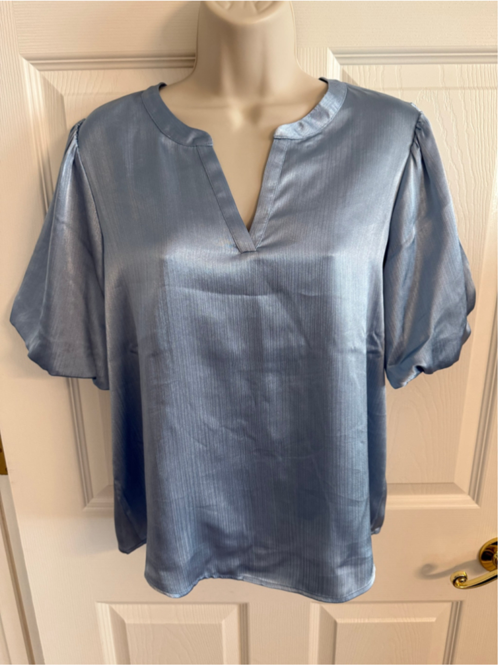 Pleione Blue Satin V Neck Split Collar Blouse S